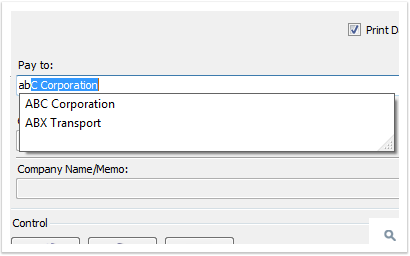 Auto lookup payee's name with the first few characters of the payee's name, increase speed preparing a cheque and reduce spelling mistake.