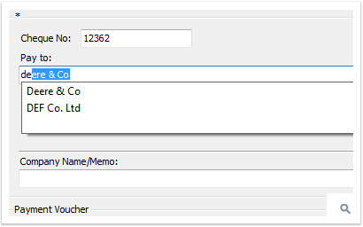 Auto lookup payee's name with the first few characters of the payee's name, increase speed preparing a cheque and reduce spelling mistake.